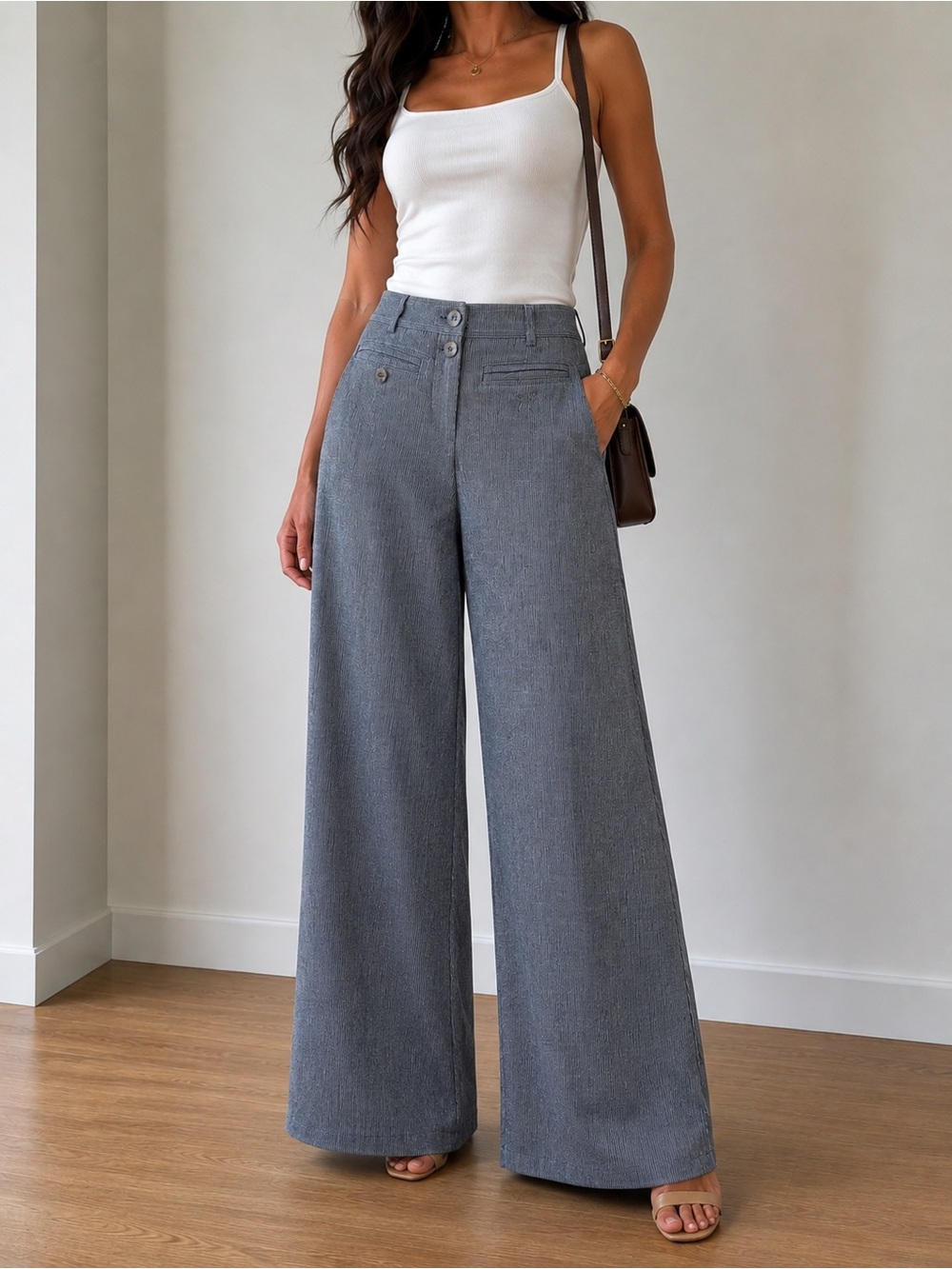 Brieot Chic Palazzo Wide Leg Pants Made in Italy Navy Pinstripe
